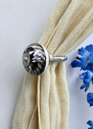 Curtain Tie Backs Hook Decorative Wall Hook- Black and Off-White Swirl (Set of Two)