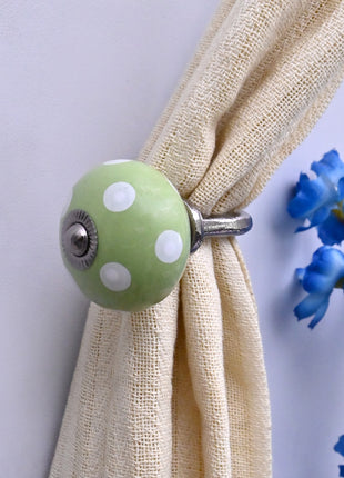 Curtain Tie Backs Hook Decorative Wall Hook- Olive Green & White Polka Dot (Set of Two)