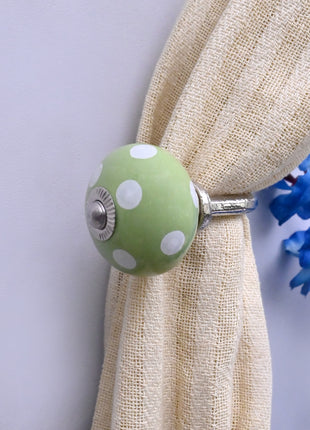 Curtain Tie Backs Hook Decorative Wall Hook- Olive Green & White Polka Dot (Set of Two)