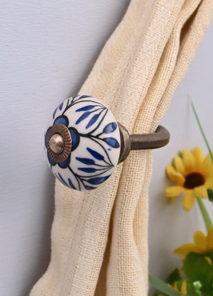 Curtain Tie Backs Hook Decorative Wall Hook- Blue Design on White (Set of Two)