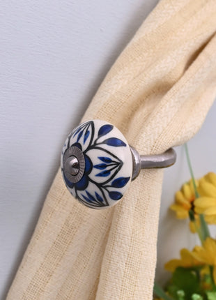 Curtain Tie Backs Hook Decorative Wall Hook- Blue Design on White (Set of Two)