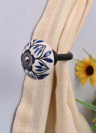 Curtain Tie Backs Hook Decorative Wall Hook- Blue Design on White (Set of Two)