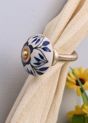 Curtain Tie Backs Hook Decorative Wall Hook- Blue Design on White (Set of Two)