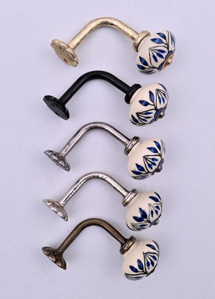 Curtain Tie Backs Hook Decorative Wall Hook- Blue Design on White (Set of Two)