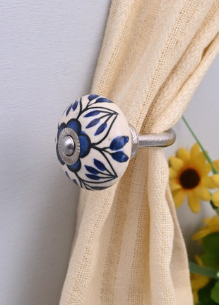 Curtain Tie Backs Hook Decorative Wall Hook- Blue Design on White (Set of Two)