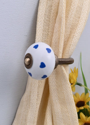 Curtain Tie Backs Hook Decorative Wall Hook- Blue Heart on White (Set of Two)
