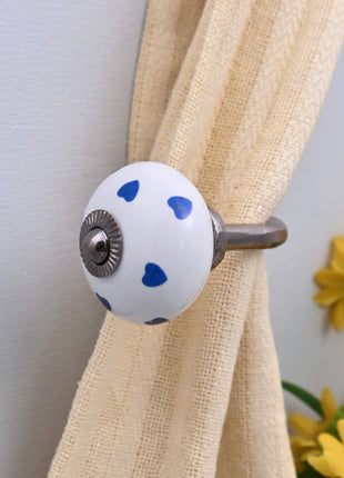 Curtain Tie Backs Hook Decorative Wall Hook- Blue Heart on White (Set of Two)