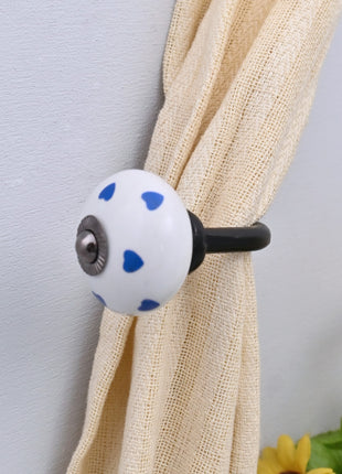 Curtain Tie Backs Hook Decorative Wall Hook- Blue Heart on White (Set of Two)
