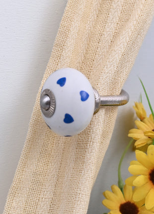 Curtain Tie Backs Hook Decorative Wall Hook- Blue Heart on White (Set of Two)