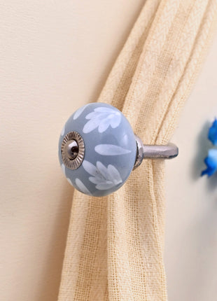 Curtain Tie Backs Hook Decorative Wall Hook- Soft Grey Floral (Set of Two)