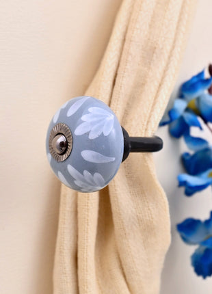 Curtain Tie Backs Hook Decorative Wall Hook- Soft Grey Floral (Set of Two)