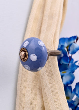 Curtain Tie Backs Hook Decorative Wall Hook- White Polka Dots on Blue (Set of Two)