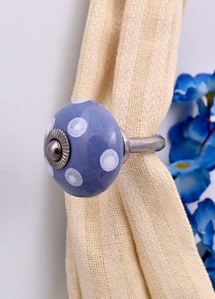 Curtain Tie Backs Hook Decorative Wall Hook- White Polka Dots on Blue (Set of Two)