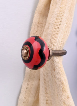 Curtain Tie Backs Hook Decorative Wall Hook-Red & Black Striped Swirl (Set of Two)