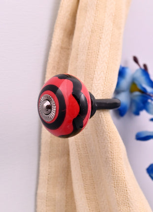 Curtain Tie Backs Hook Decorative Wall Hook-Red & Black Striped Swirl (Set of Two)