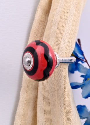 Curtain Tie Backs Hook Decorative Wall Hook-Red & Black Striped Swirl (Set of Two)