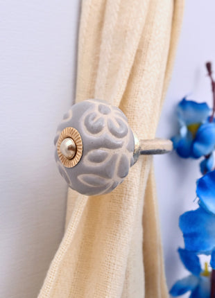 Curtain Tie Backs Hook Decorative Wall Hook- Embossed Grey (Set of Two)