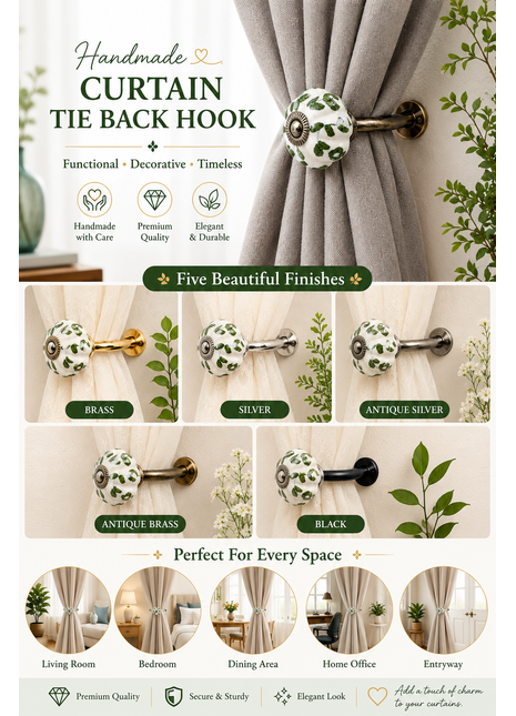 Curtain Tie Backs Hook Decorative Wall Hook- Green leaf (Set of Two)