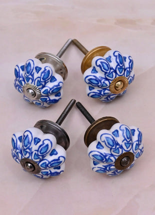 Turquoise Design on White Base Ceramic Door Knob