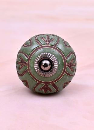 Dark Brown Design on Green Ceramic Door Knob