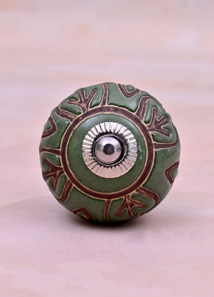 Dark Brown Design on Green Ceramic Door Knob