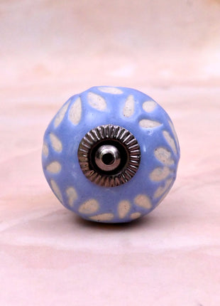 White Design on Soft Powder Blue Ceramic Door Knob