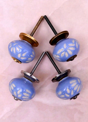 White Design on Soft Powder Blue Ceramic Door Knob
