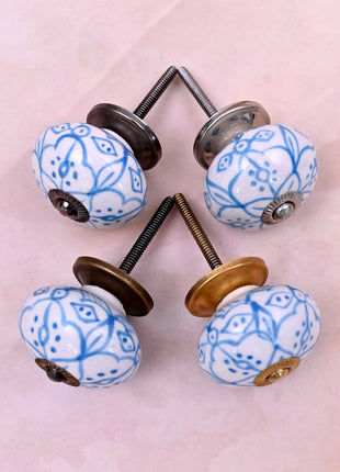 Blue Floral Pattern on White Ceramic Door Knob