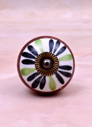 Green,Black Flower on White Base Ceramic Door Knob
