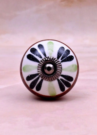 Green,Black Flower on White Base Ceramic Door Knob