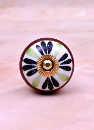 Green,Black Flower on White Base Ceramic Door Knob