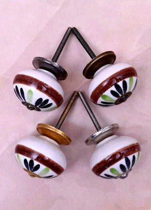 Green,Black Flower on White Base Ceramic Door Knob