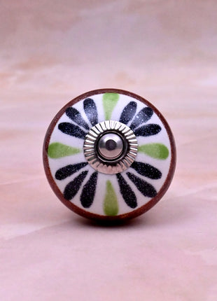 Green,Black Flower on White Base Ceramic Door Knob
