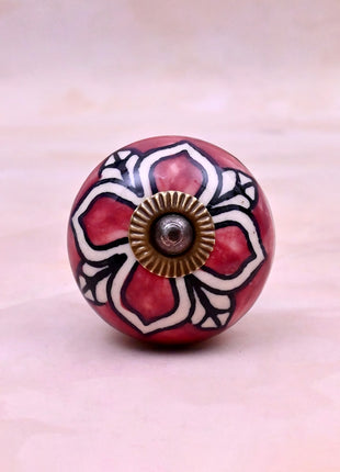 Red Ceramic Flower Knob with White & Black Floral Pattern