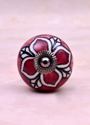 Red Ceramic Flower Knob with White & Black Floral Pattern