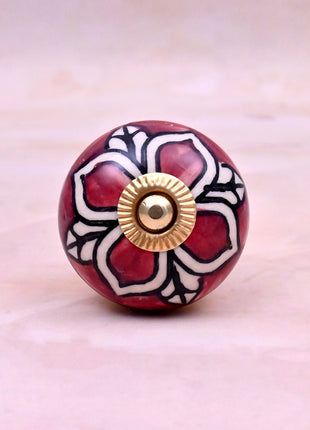 Red Ceramic Flower Knob with White & Black Floral Pattern