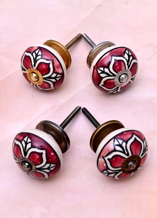 Red Ceramic Flower Knob with White & Black Floral Pattern