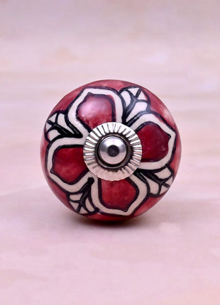 Red Ceramic Flower Knob with White & Black Floral Pattern