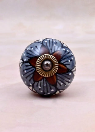 Brown & Gray Flower Design on White Ceramic Door Knob