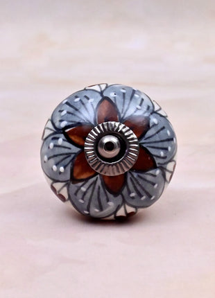 Brown & Gray Flower Design on White Ceramic Door Knob