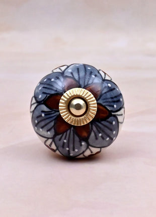 Brown & Gray Flower Design on White Ceramic Door Knob