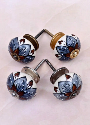 Brown & Gray Flower Design on White Ceramic Door Knob