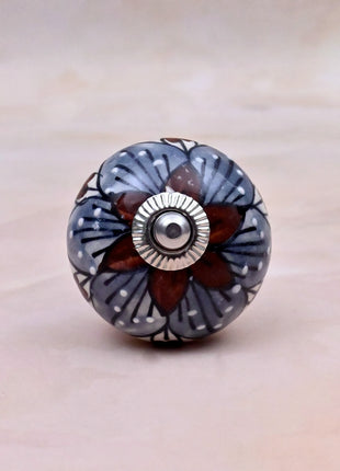 Brown & Gray Flower Design on White Ceramic Door Knob