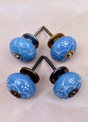 White Design on Turquoise Base Ceramic Door Knob