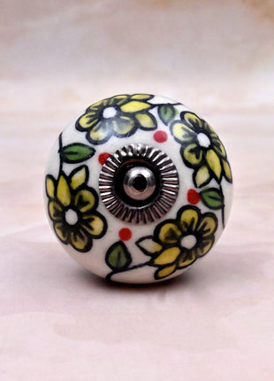 Yellow Flowers On Off White Base Ceramic Door Knob