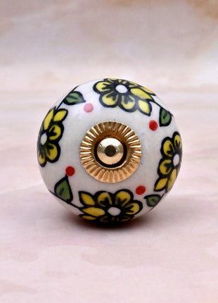 Yellow Flowers On Off White Base Ceramic Door Knob