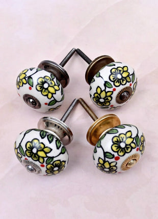 Yellow Flowers On Off White Base Ceramic Door Knob