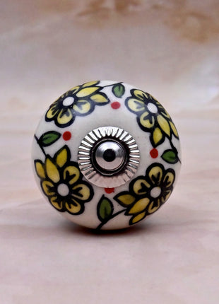 Yellow Flowers On Off White Base Ceramic Door Knob
