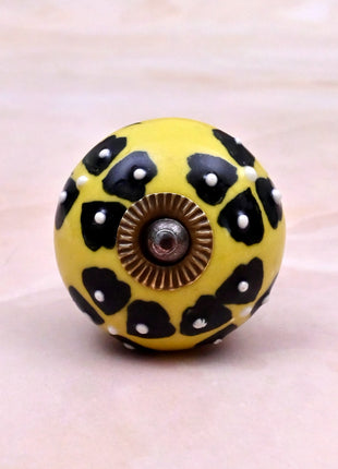 Black Flowers Design on Yellow Base Ceramic Door Knob