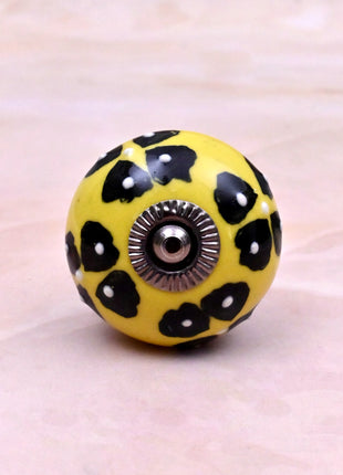 Black Flowers Design on Yellow Base Ceramic Door Knob